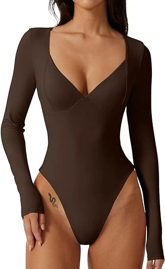 Bodysuit Llawes Hir Merched V Gwddf Gwddf Cwpan Seamed