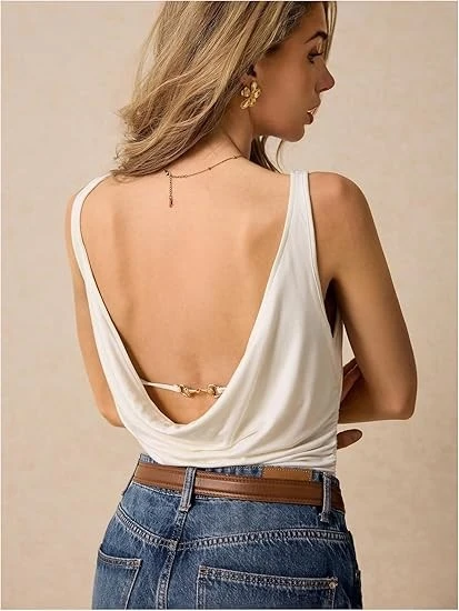 Women's Backless Draped Bodysuit Sleeveless Scoop Neck
