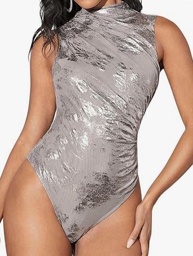 Women's Metallic Mesh Ruched Tank Top Bodysuit Mock Neck Sleeveless