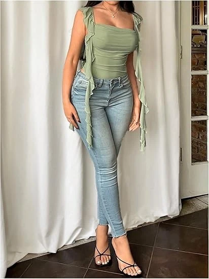 Women's Ruffle Square Neck Top Sleeveless Bodysuit Summer Tank